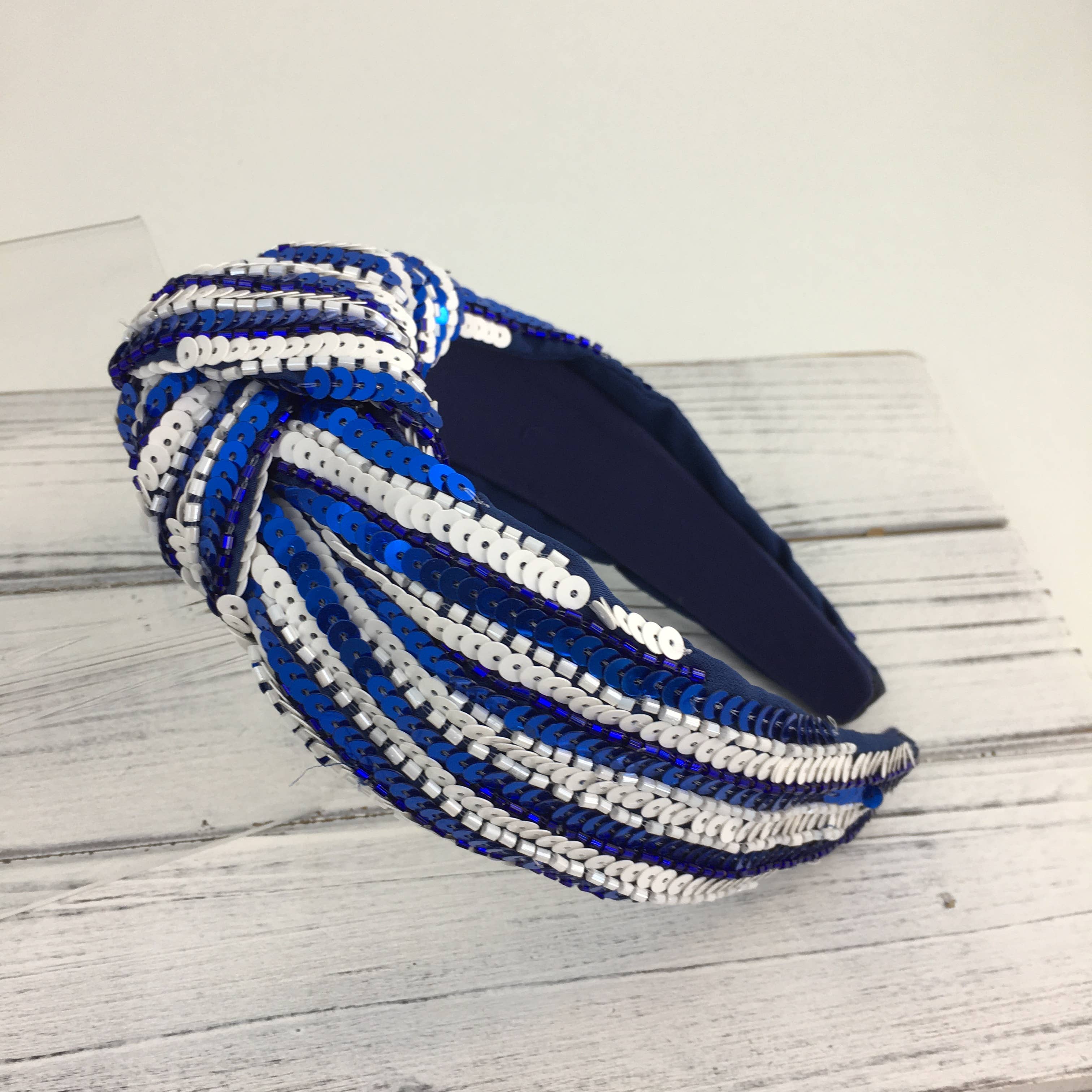 Blue and white sequin headband