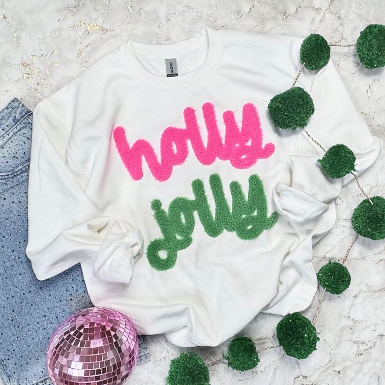 Holly Jolly Fluffy Chenille Patch – Pink & Green