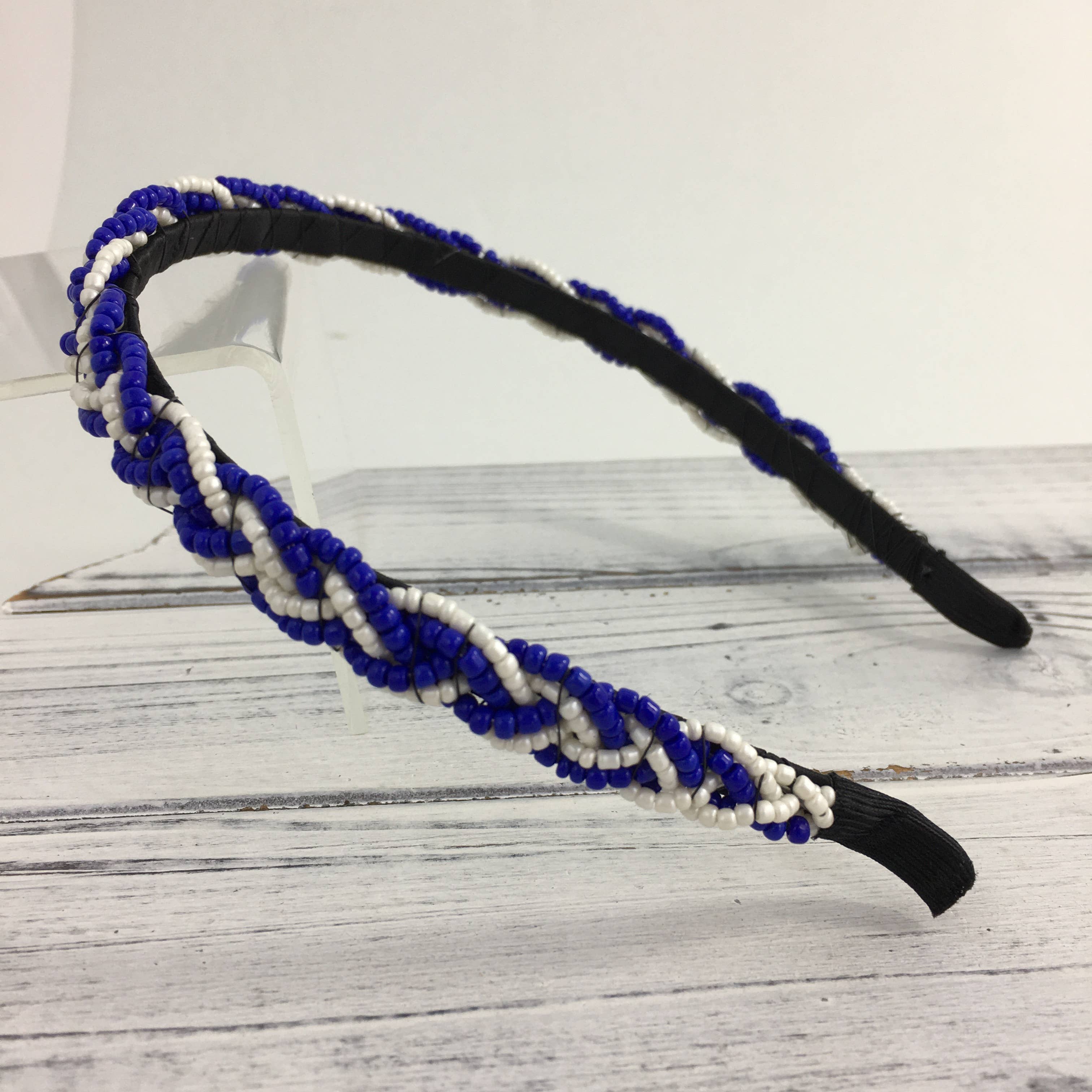 Blue and white thin braided headband 